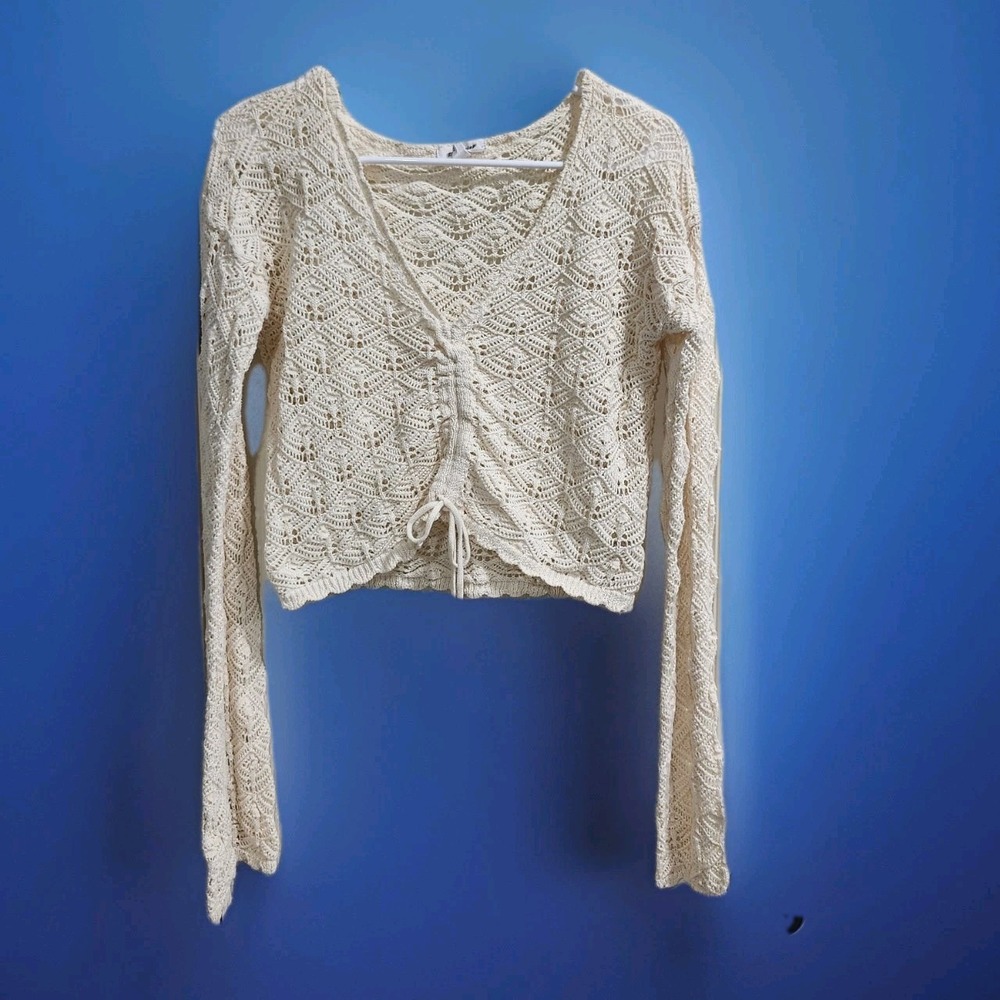 Stitch & Pine Crochet Lace Tie Front Sweater‎ XL Boho Bell Sleeve Cream